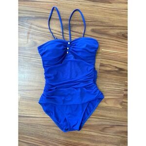 Lauren Ralph Lauren Royal Blue Ruched One Piece Swimsuit Gold Studs Size 6